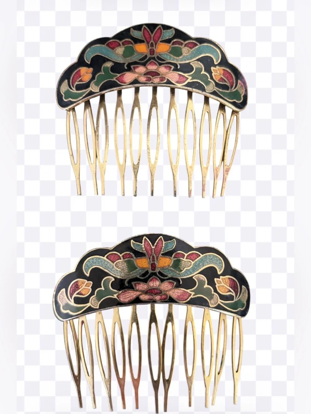 Vintage Floral Enamel Hair Comb - Multicolor Gold-Tone